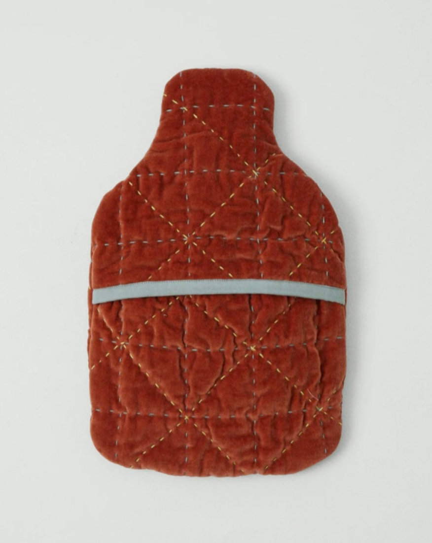 Quilted rust red velvet hot water bottle cover