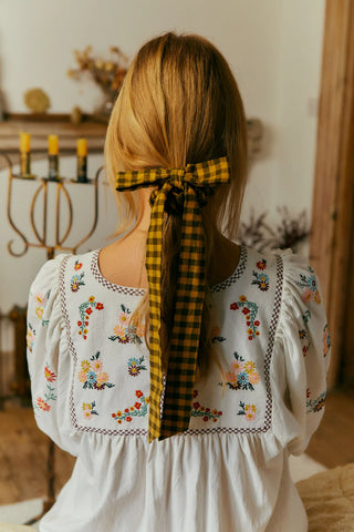 Meadows | Long bow Scrunchie | Toffee Gingham