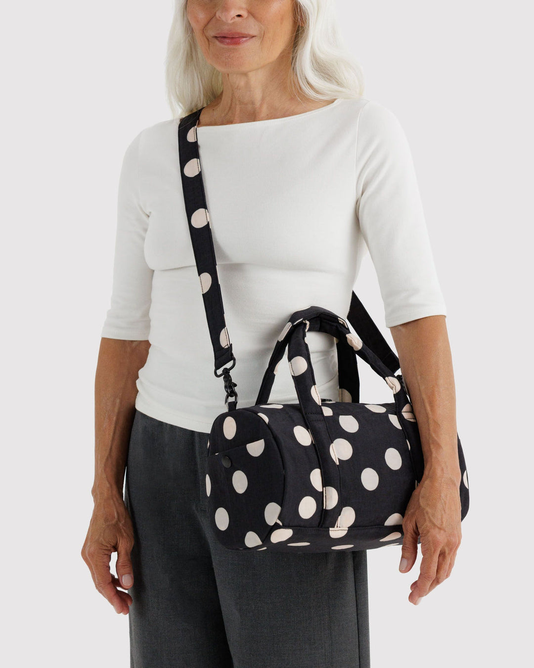 Baggu | Nylon Duffel Bag | Black and Cream Polka Dot