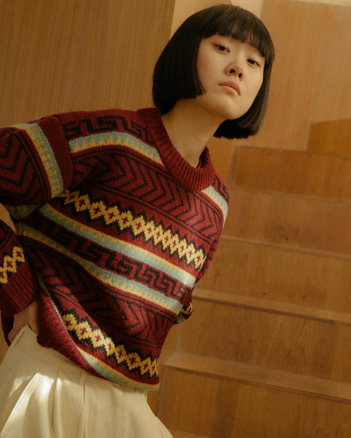 LF Markey | Bjorn Knit Jumper | Burgundy Intarsia