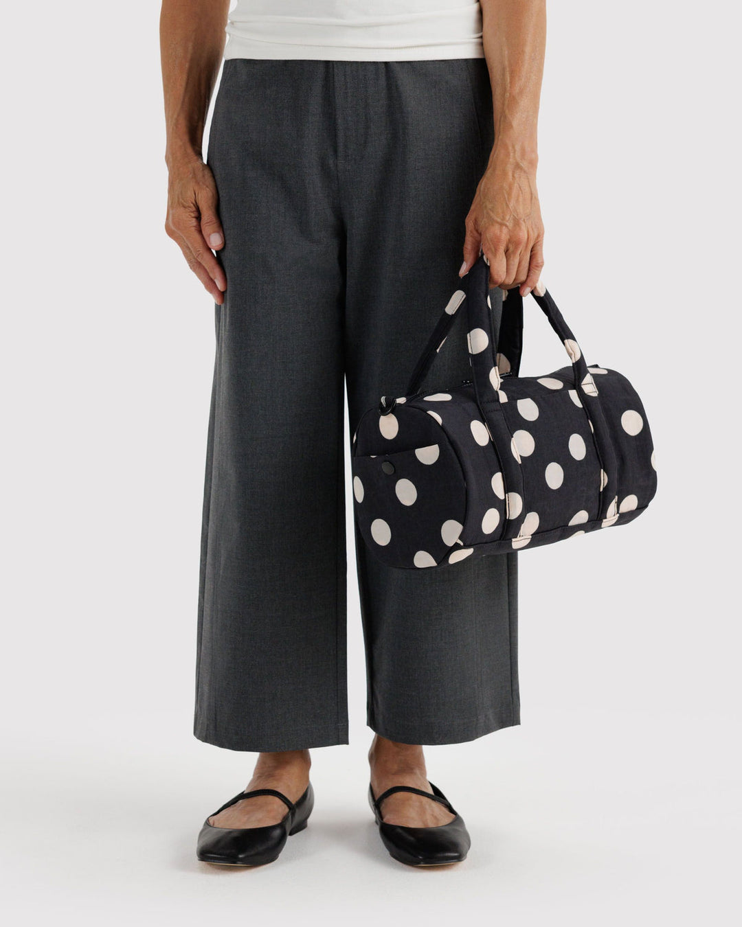 Baggu | Nylon Duffel Bag | Black and Cream Polka Dot