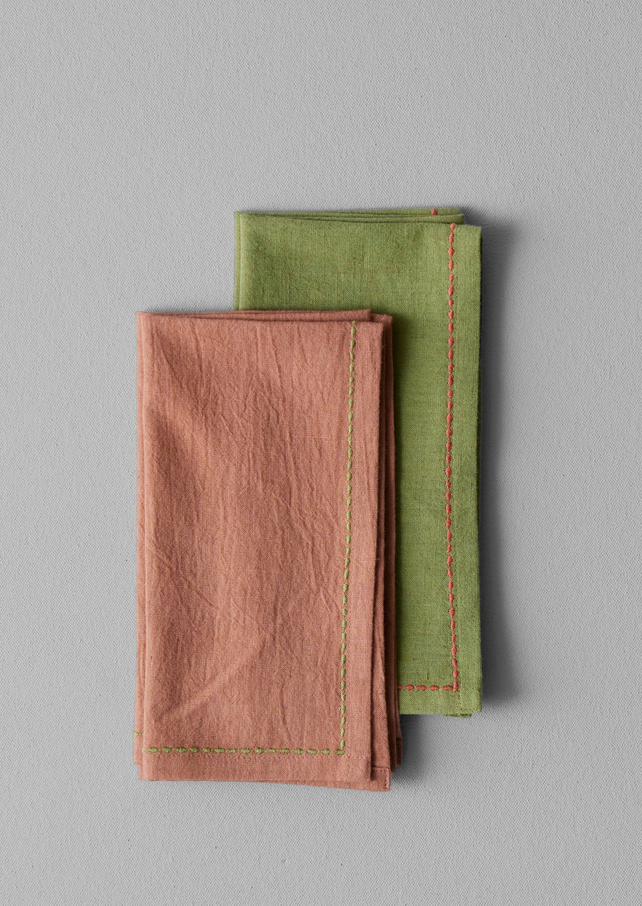 Toast | Embroidered Cotton Linen Napkin Set| Moss / Clay