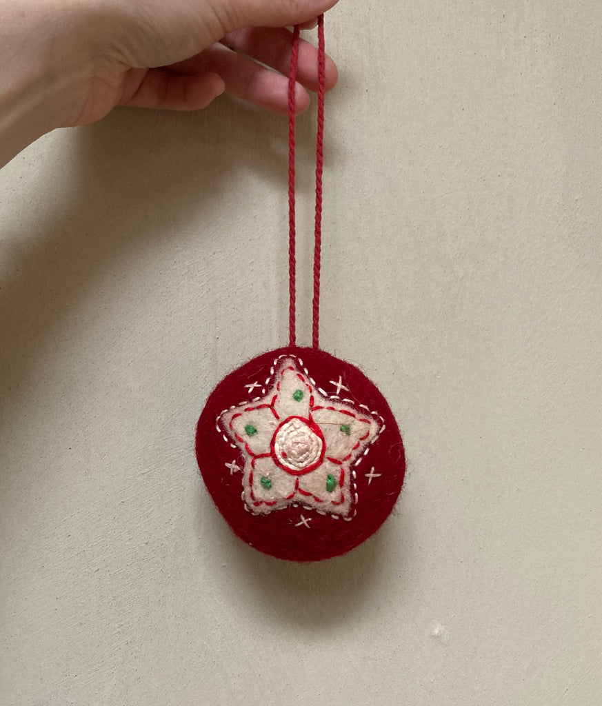 Felted Christmas decoration | Embroidered Red Ball with Appliqué white Star