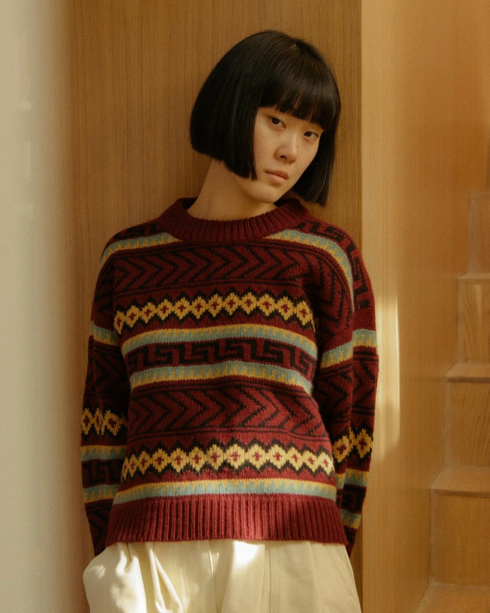 LF Markey | Bjorn Knit Jumper | Burgundy Intarsia