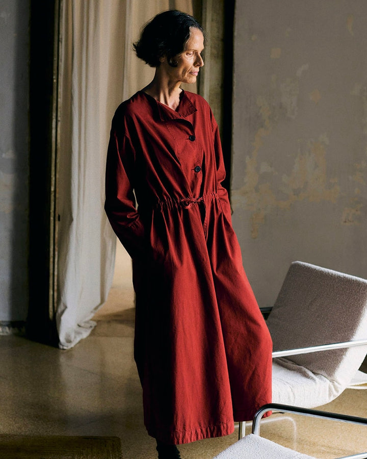 Toast | Button through cotton linen poplin dress | Brick