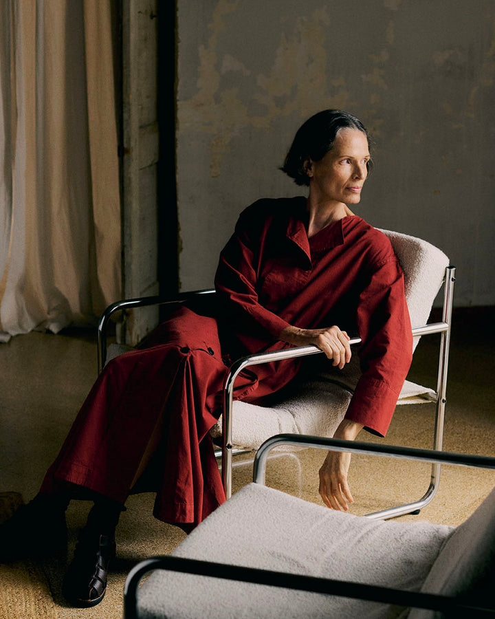 Toast | Button through cotton linen poplin dress | Brick