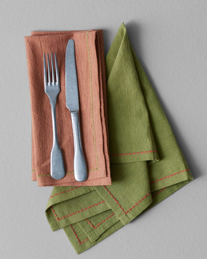 Toast | Embroidered Cotton Linen Napkin Set| Moss / Clay