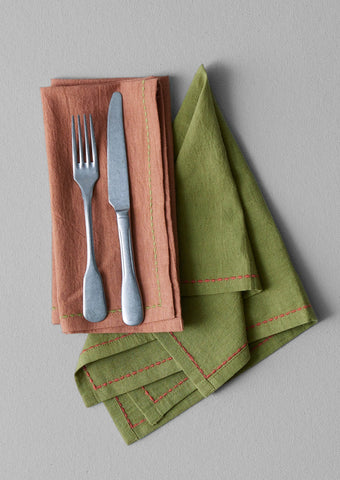 Toast | Embroidered Cotton Linen Napkin Set| Moss / Clay