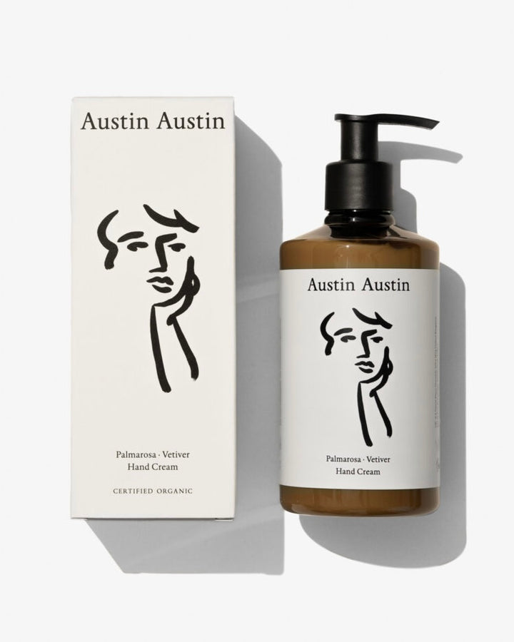 Austin Austin hand cream bottle and packaging on a white background