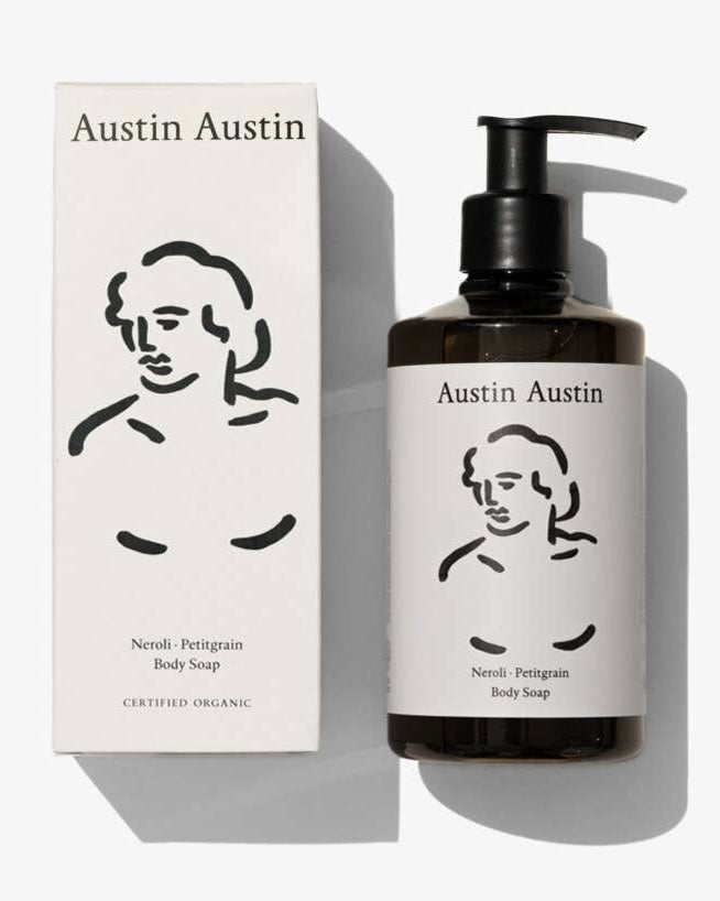 Austin Austin body soap bottle and packaging on a white background