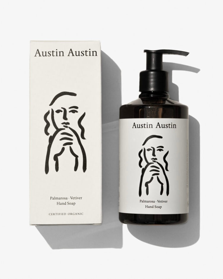 Austin Austin hand soap bottle and packaging on a white background