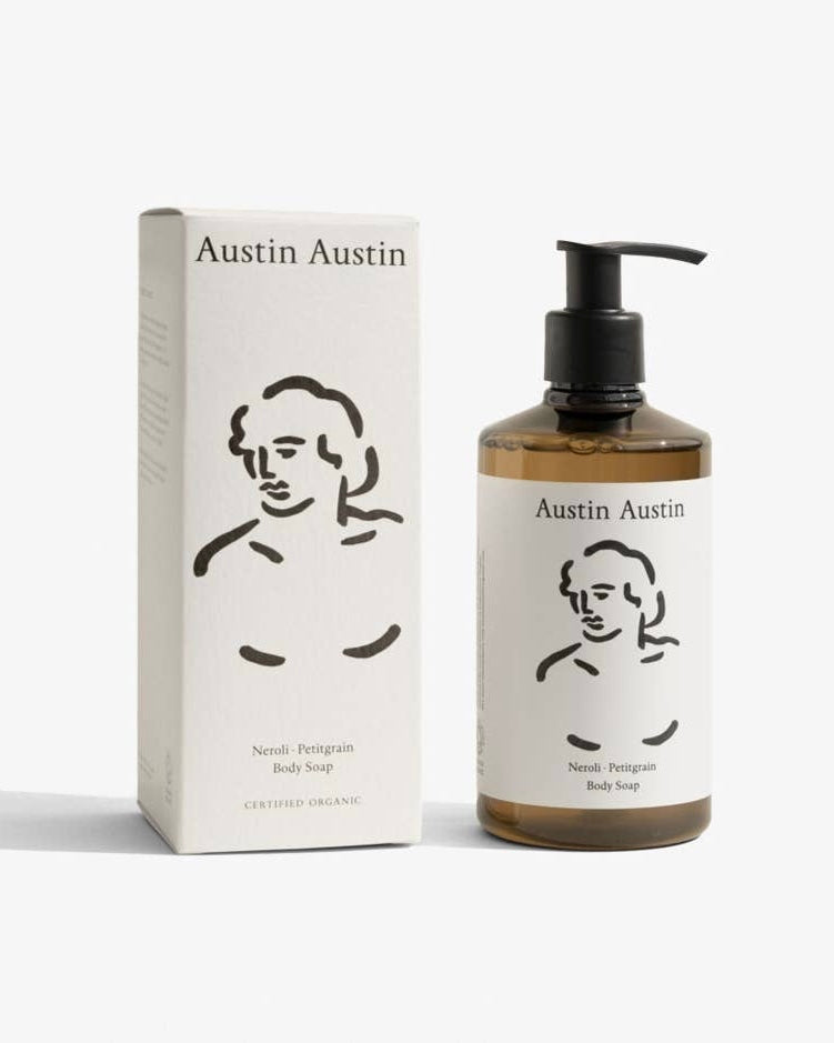 Austin Austin body soap bottle and packaging on a white background