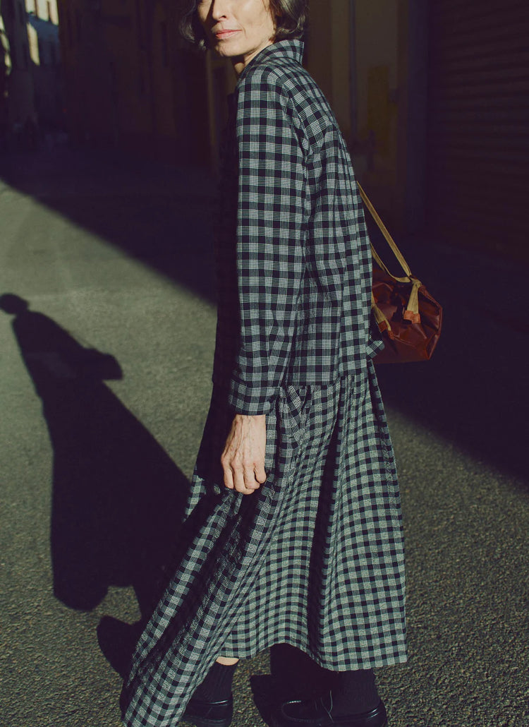 Toast | Binding check cotton wool gathered skirt | Black Ecru