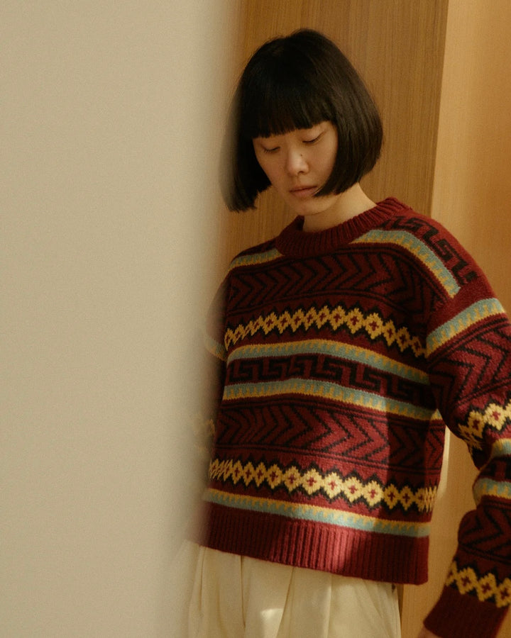 LF Markey | Bjorn Knit Jumper | Burgundy Intarsia