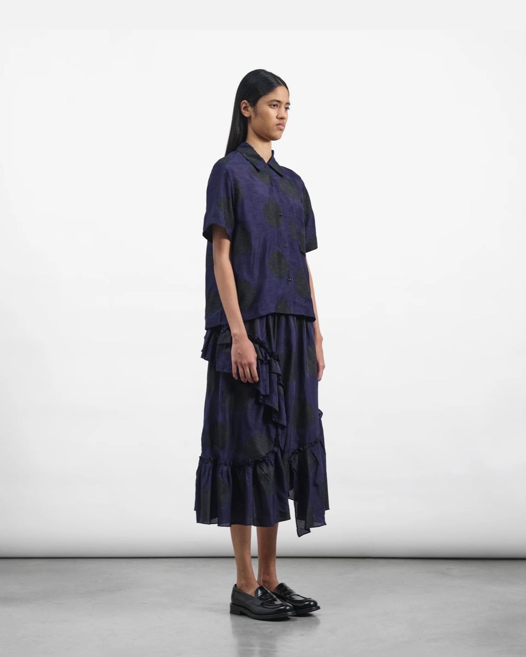 YMC | Draped Skirt | Bleeding polka dot print