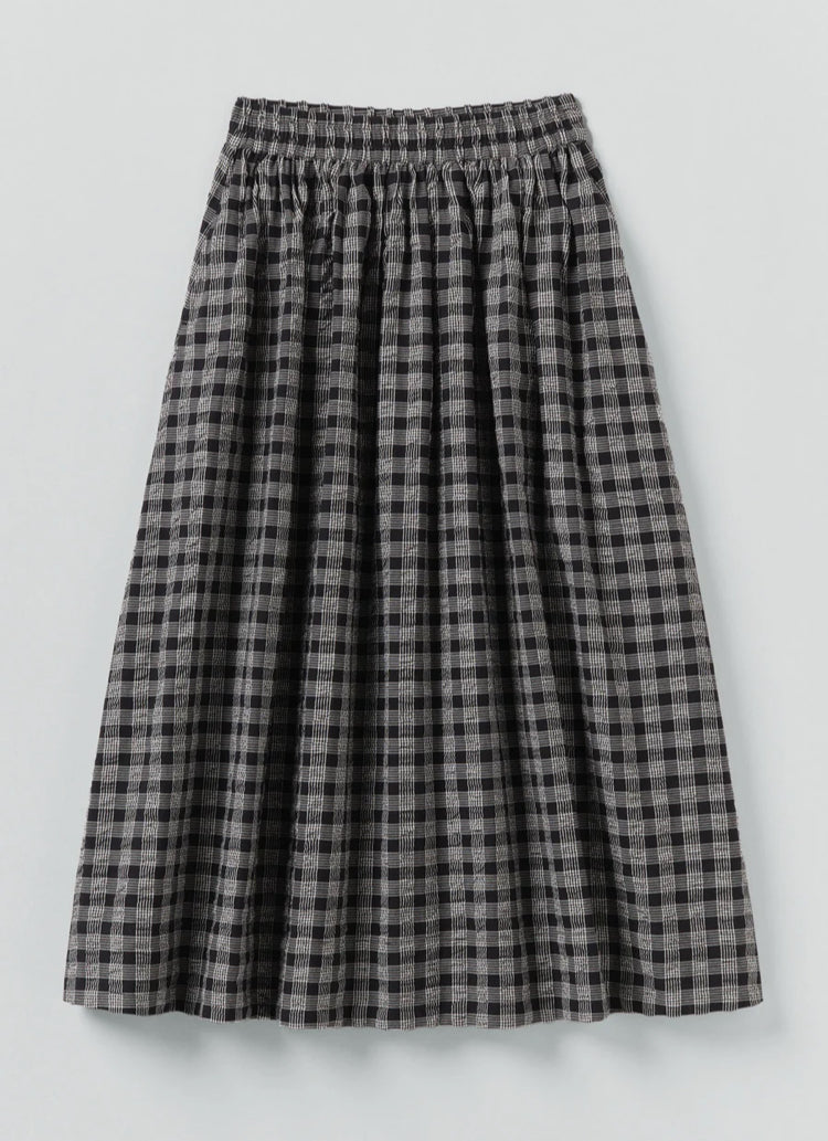 Toast | Binding check cotton wool gathered skirt | Black Ecru