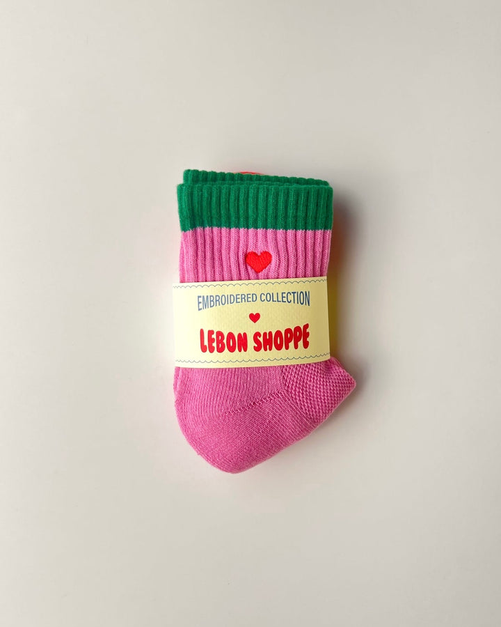 Le Bon Shoppe | Embroidered Colour Block Girlfriend Socks | Rose Green & Heart