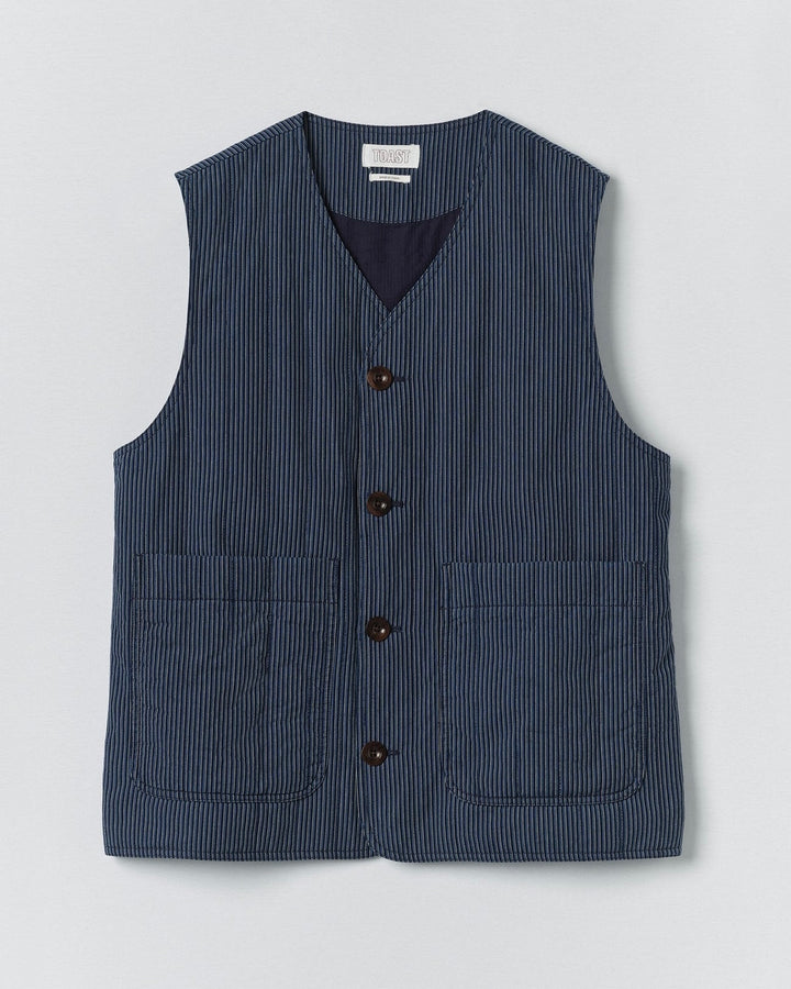 Toast | Railroad Stripe Padded Gilet | Denim Blue