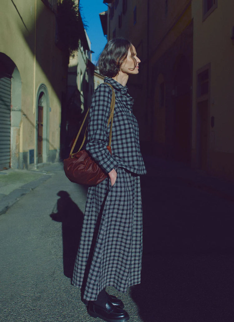 Toast | Binding check cotton wool gathered skirt | Black Ecru