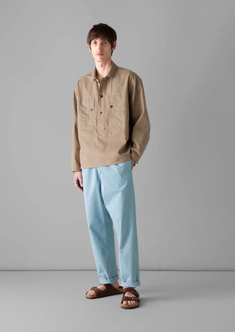 Toast | Half placket stripe workwear shirt | Ecru Brown