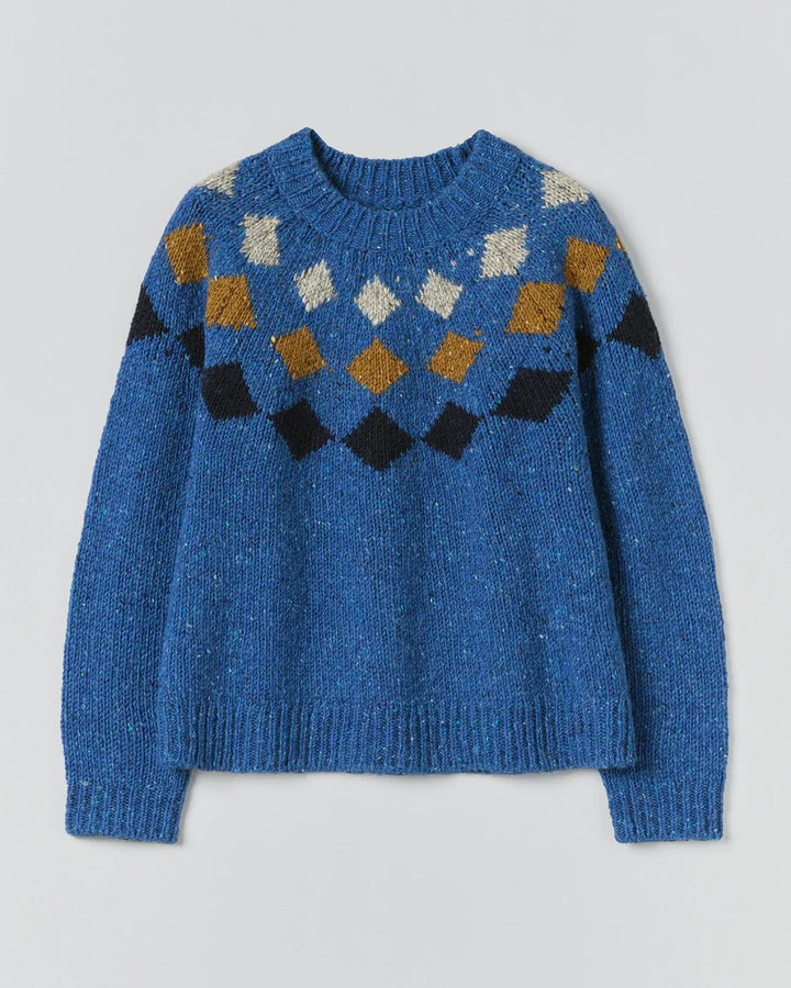 Blue knitted sweater with pattern on a white background