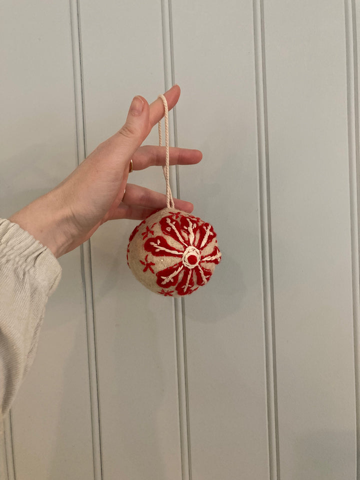 Felted Christmas decoration | Embroidered White Ball | Red embroidery